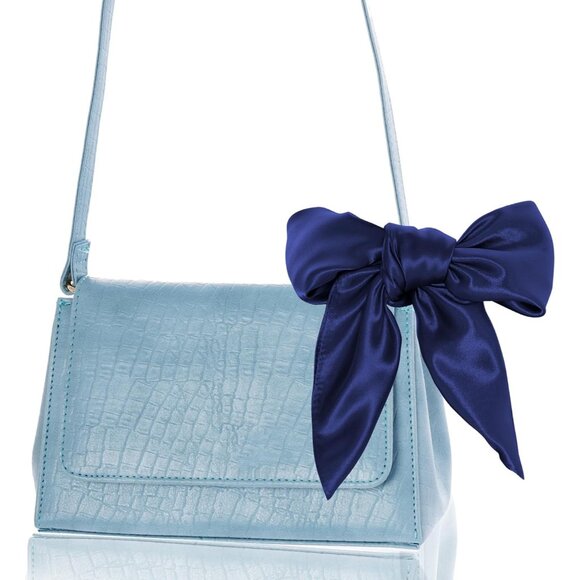 Women Navy Blue Chiffon Square Ribbon Neck Scarf Satin Handkerchief Halloween - Picture 6 of 7